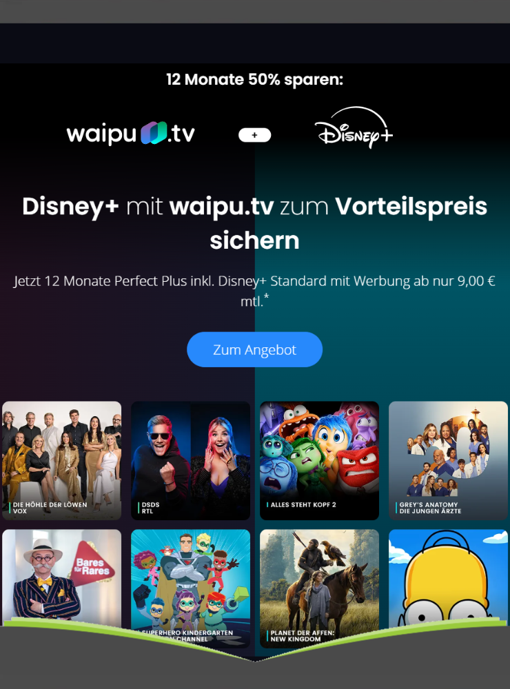 waipu.tv mit Disney+ für 9,00 €/Monat durch 50% Rabatt