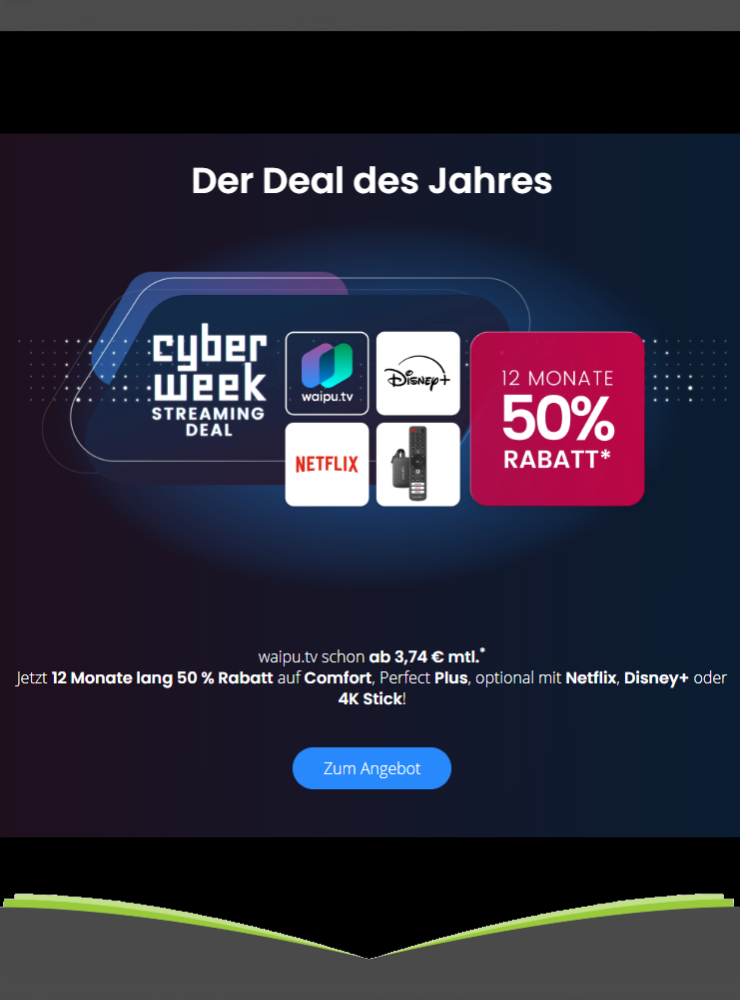 1 Jahr waipu.tv mit 50% Rabatt ab 3,74 € mtl.